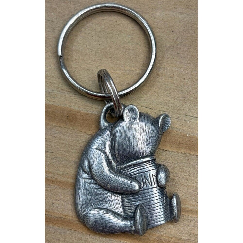 Vintage Pewter Winnie the Pooh and Hunny Pot Keychain 1.25 in X 1.25 in